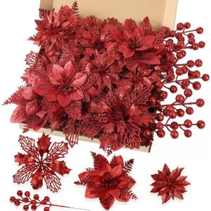 N&T NIETING 24 Pcs Christmas Poinsettia Artificial Flowers & Glitter Berries Stems Kit Christmas Floral Picks Christmas Tree Garland Wreath Filler Ornaments for Home Party Xmas Decor, Red