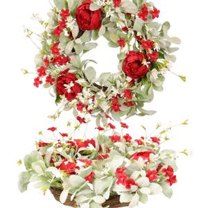 20 Inch Red Peony Wreath for Front Door, Romantic Lambs Ear Greenery with White Flowers, Elegant Wedding Decor, Spring Summer Artificial Floral Wall Accent