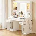 NUNU LAB Large White Vanity Desk with Mirror and Lights with 5 Drawers, Women Makeup Table with Power Outlet, 3-Color Adjustable Lighting for Bedroom Brown