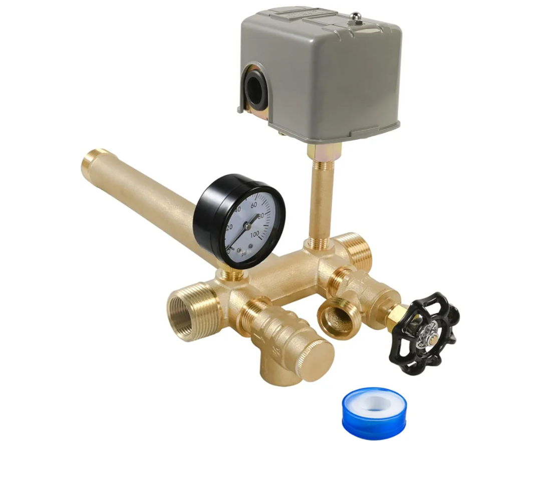 1"x 11"Well Pressure Tank Tee Kit for Water Well Pressure Tank with 30-50Psi Pressure Switch, Brass Pressure Tank Installation Kit for Well Tank with Diameters Up to 16", No Ball Value