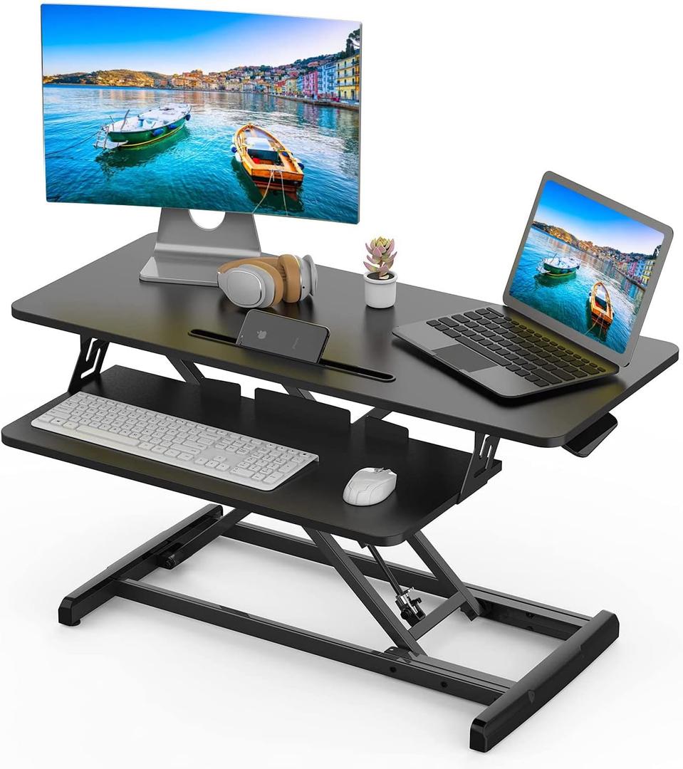 SMUG Standing Desk Converter Height Adjustable Desk Riser Sit Stand Desk, 36 inch Home Office Desk with Keyboard Tray, Dual Monitor and Laptop Workstation
