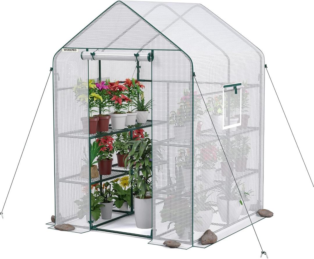 WORKPRO Greenhouse, 56 x 56 x 77 Heavy Duty Walk in Greenhouses for Outdoors with Screen Windows, Thicken PE Cover, 3 Tier 8 Shelves Portable Green House Kit for Patio, Backyard and Porch