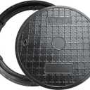 Natotela 27.6in Round Manhole Cover and Frame, Fiberglass Recessed Solid Top Cover with Base Size 31in,25in Clear Opening,Septic Tank Cover and Base for yard, Non-slip Reinforced Sewage Basin Cover (Black)