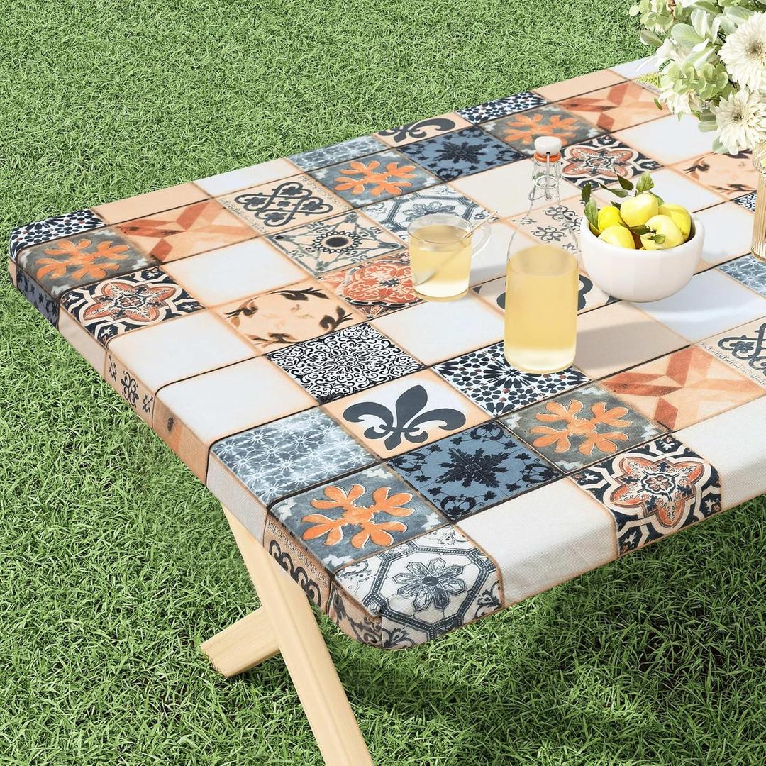 misaya Rectangle Vinyl Tablecloth, Fitted Table Cover, Waterproof, Elastic Edge, Flannel Backing, Plastic Tablecloth Fit 6 Foot Folding Tables for Camping, Picnic, Outdoor (Floor Tiles, 30x72 inch)