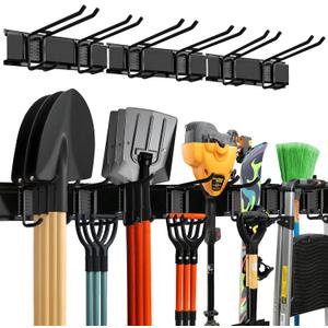 Garage Wall Organizer | 48" Heavy-Duty Tool Storage Rack | Adjustable Double-Layer Hooks | 300 lbs Capacity | Carbon Steel Wall Mount Holder for Shovels, Rakes, Ladders & Power Tools (Black)