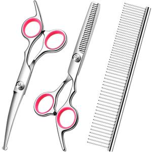 Dog Grooming Scissors with Safety Round Tips Stainless Steel Professional Dog Grooming Kit - Thinning, Curved Scissors and Comb for Cat Pet (Pink 4 in 1)