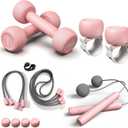 HTQ Adjustable Dumbbells, 4 in 1 Dumbbells Set Used as Barbell, Jump Rope, Wrist Weights, Resistance Band, Fitness Exercises for Home Gym Suitable for Women, Pink