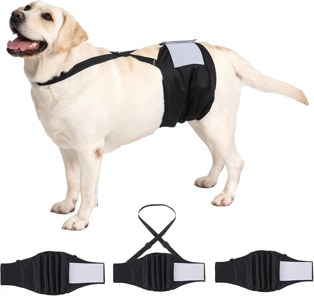 3 Pack Avont Dog Belly Bands Diapers Male with 1 Detachable Suspender, Reusable Washable Boy Doggie Pee Wraps with Harness, Separable Shoulder Strap Escape Proof & Non-Slip -3 Black L