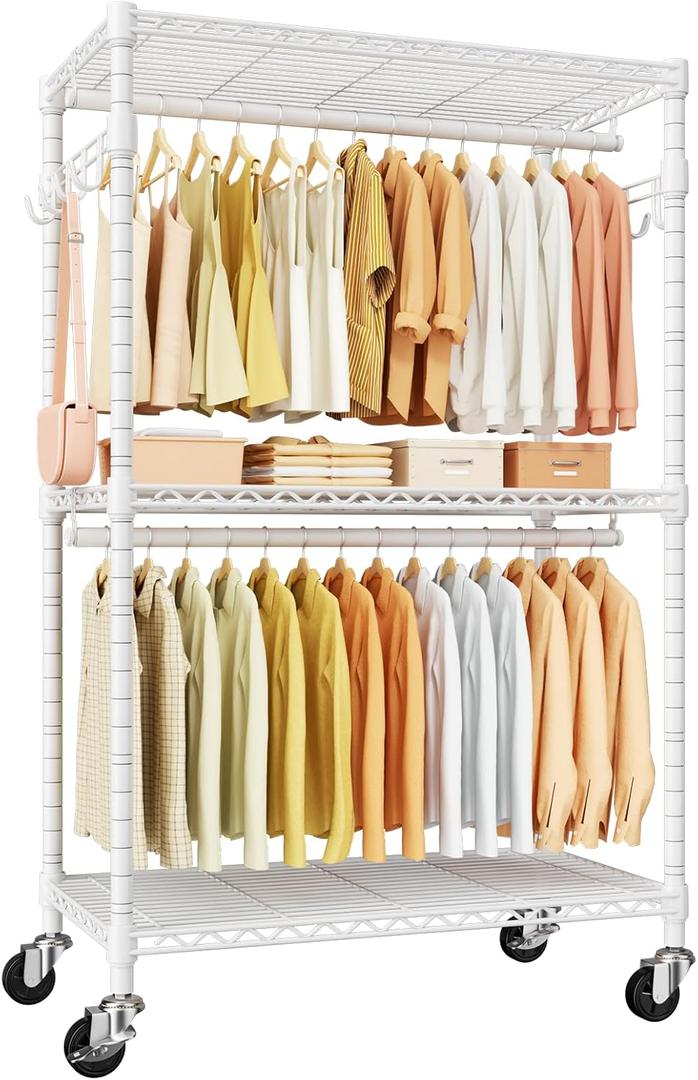 ULIFHOME P1 Rolling Clothes Rack Heavy Duty, Metal Closet Clothing Rack with Lockable Wheels, Portable Wardrobe Closet for Hanging Clothes, 35.5" W x 15.7" D x 80.5" H, Hold 500lbs, White