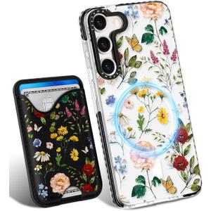 Toycamp for Samsung Galaxy S23 Case - Compatible with Magsafe Credit Card Holder Wallet Magnetic Cute Women Teen Girls Kawaii Girly Unique Flower Floral Design Phone Cover for Galaxy S23