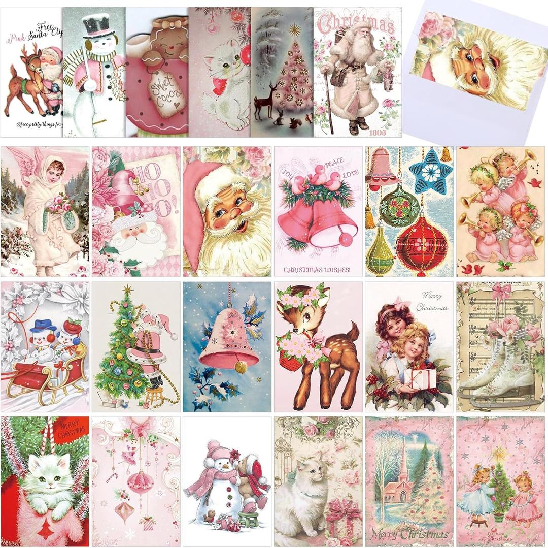 24 Pack Vintage Christmas Cards Pink Christmas Cards with Envelopes Retro Victorian Christmas Cards Assorted Greeting Cards Xmas Holiday Postcard for Classroom Exchange Crafting Friends Gifts