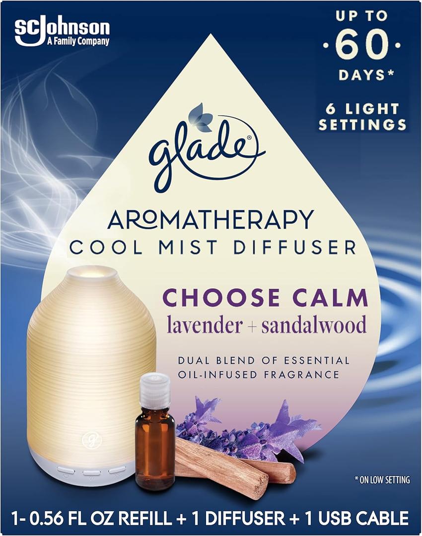Glade Aromatherapy Diffuser & Essential Oil, Air Freshener for Home, Choose Calm Scent with Notes of Lavender & Sandalwood, 0.56 Fl Oz (1 Diffuser + 1 Refill)