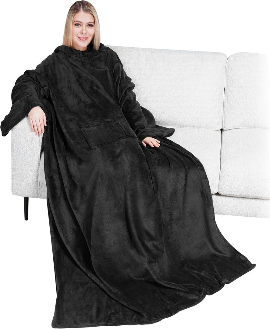 PAVILIA Wearable Blanket with Sleeves for Adult Women Men, Cozy Fleece Warm Wrap Throw with Arms, Gifts for Christmas, Wife (Black)
