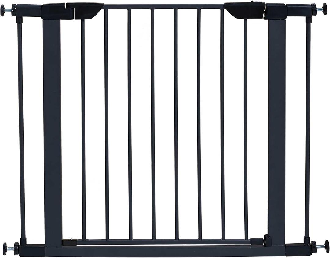 MidWest Homes for Pets 29-Inch High Walk-Thru Pressure Mounted Steel Dog Gate, Expands to 38 Inches Wide, Includes 3-inch Extensions, Textured Graphite