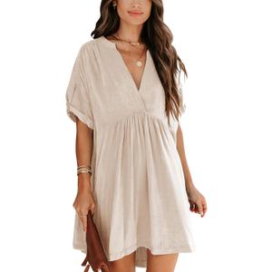 Minclouse Women's Babydoll Short Sleeve Tunic Dress V Neck Cute Casual Loose Dresses (Medium, Apricot)