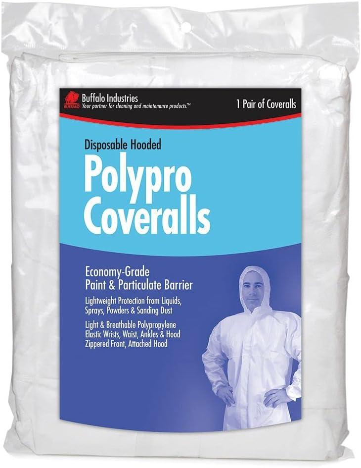 Buffalo Industries (68509) Hooded Zip-Front Economy-Grade Polypro Disposable Coverall - Size XL, Pack of 1 - Lightweight Protection Against Liquids, Sprays, Powders and Sanding Dust