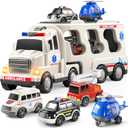 TEMI 5 Pack Ambulance Vehicle Toddler Truck Toys for 3 4 5 6 Year Old Boys, Friction Powered Cars with Toy Helicopter, Police Car, Fire Truck, Ambulance Car, Birthday Gifts for Girls Age 3-9