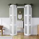 SMARTSTANDARD 64in x 84in Bifold Barn Door, Frosted Glass Barn Door with Hardware Kit Included, Pre-Drilled Holes Easy Assembly -Solid Barn Doors Slab Covered with Water-Proof PVC Surface, White