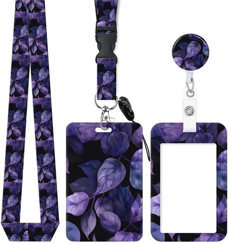 5 x ID Badge Holder with Retractable and Detachable Lanyard, Cute Badge Reel Breakaway Lanyard with Carabiner Clip for Women, Teachers, Nurses, Students, Perfect Work and Office(Purple Leaves)
