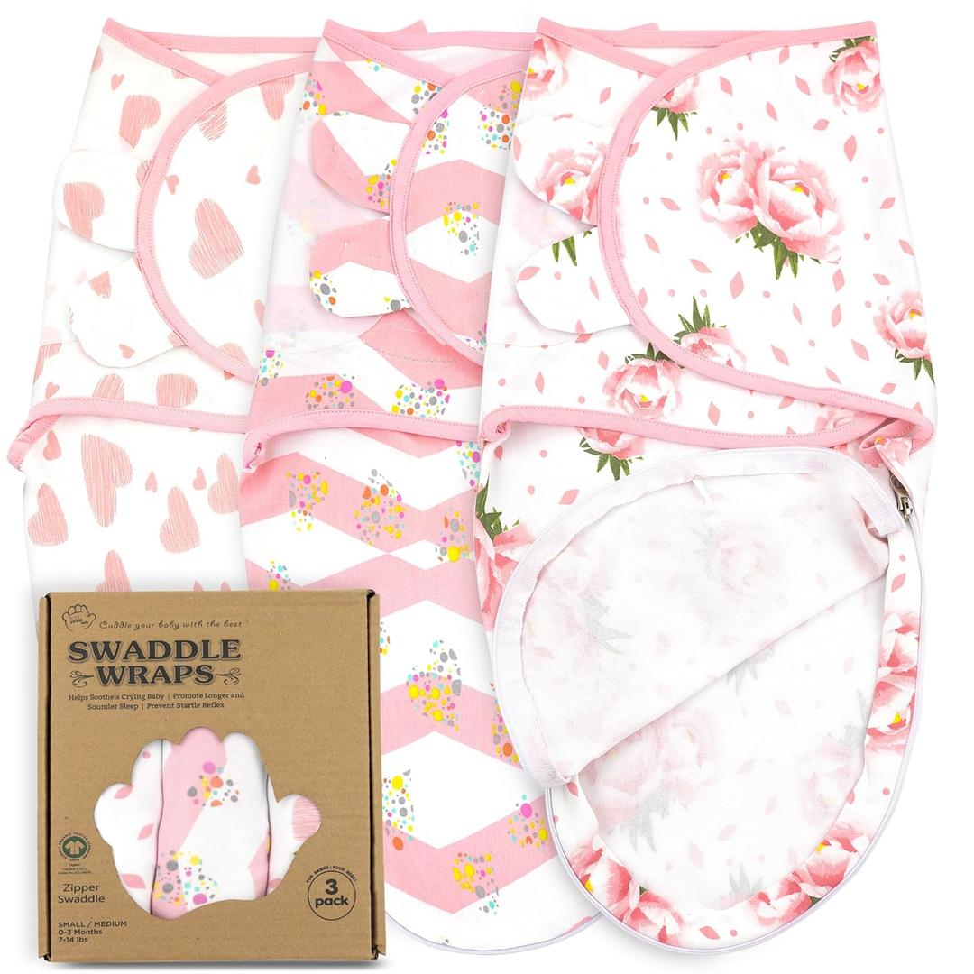 Bublo Baby Swaddles for Newborns  Zipper Swaddles 0-3 Months, 3-Pack  Organic Infant Sleep Sack with Zipper  Adjustable & Breathable Swaddle Blanket Wrap for Newborn Girls (Pink Floral)