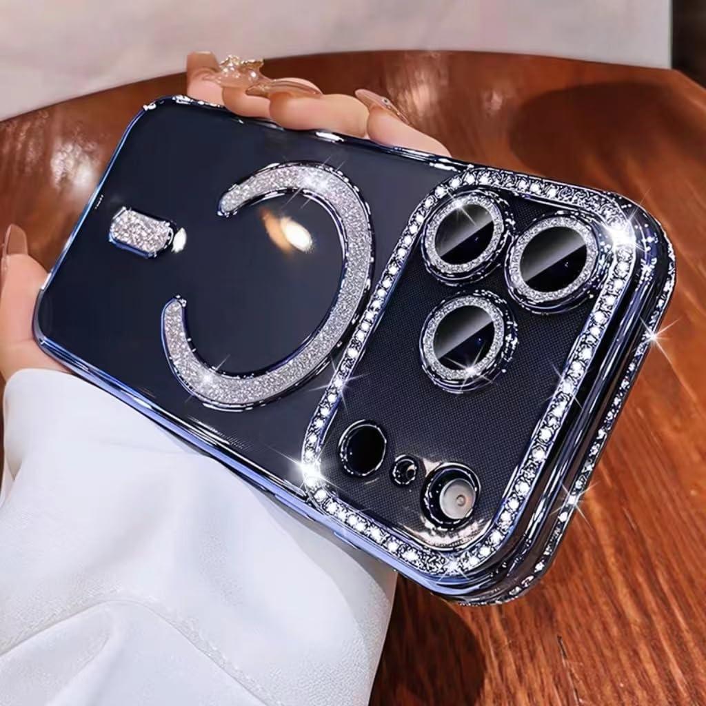 Magnetic Clear Glitter Case for iPhone 17 Pro Max,[Compatible with Magsafe],Cute Sparkly Bling Diamond Camera Lens Protector Soft Plating TPU Bumper Women Girls Phone Case for iPhone 17 Pro Max, Blue