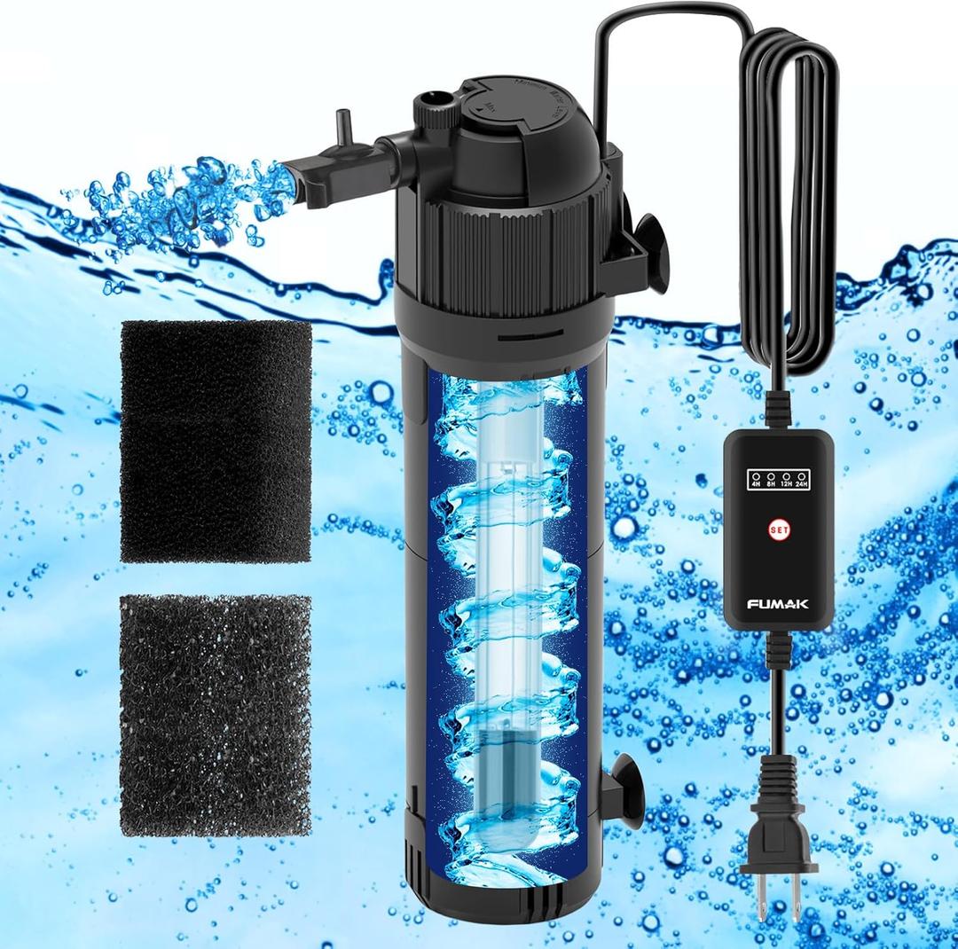 FUMAK U - V Aquarium Filter for Green Water, Fish Tank Filter Pump with Timer, Dual Mode(Aeration/Rainfall) Fish Filter Turtle Tank Filter for 40-120 Gallon Tanks, Flow Rate & Direction Adjustable