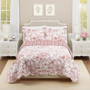 Garden Toile 3-Piece Reversible Quilt Set - Lightweight Coverlet Set, Floral Vintage Quilted Bedding Set with 2 Shams, All Seasons, Full Queen Size, Red | Breathable material, Reversible, Lightweight
