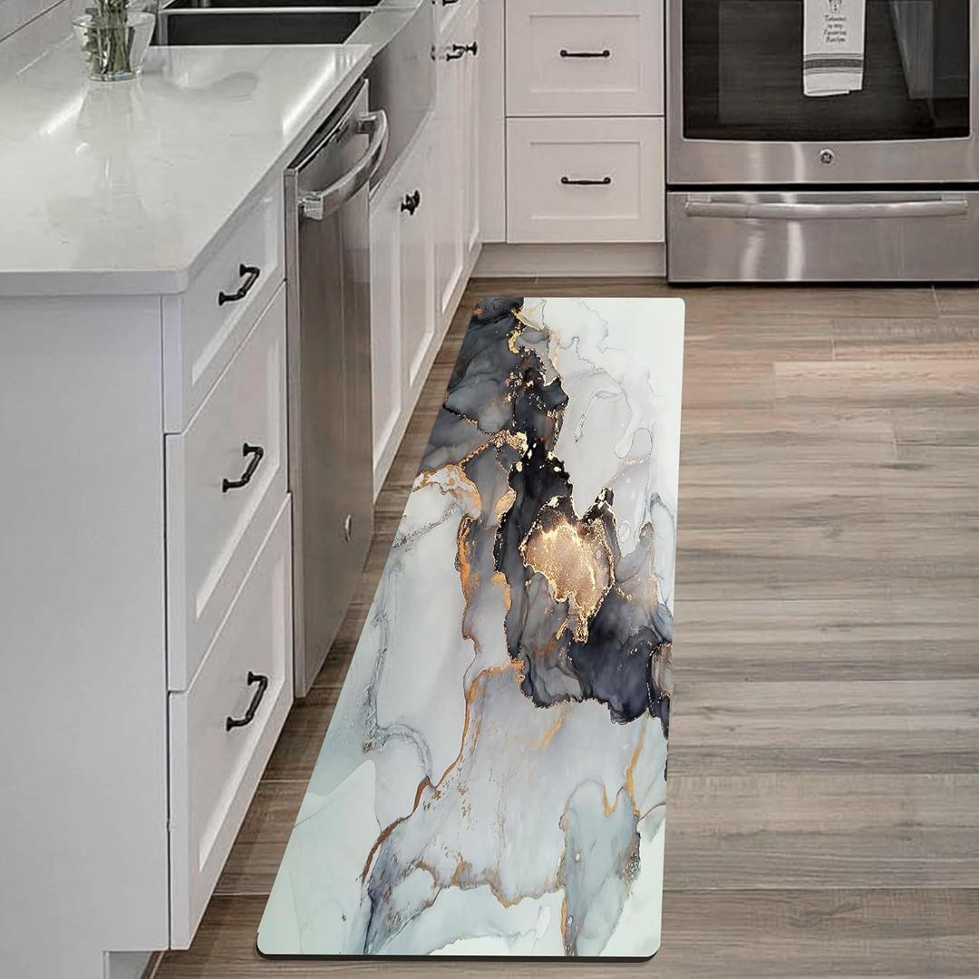 Mrcrypos Luxury Black and Gold Marble Kitchen Rugs PVC Leather Waterproof Non Slip Cushioned Standing Mats Anti Fatigue Kitchen Runner Rugs for Floor, Sink,Laundry,Office 23.5" W x 70" L