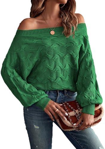 Verdusa Women's Off The Shoulder Sweater Top Dolman Sleeve Textured Knit Pullover Sweaters, Small, Green