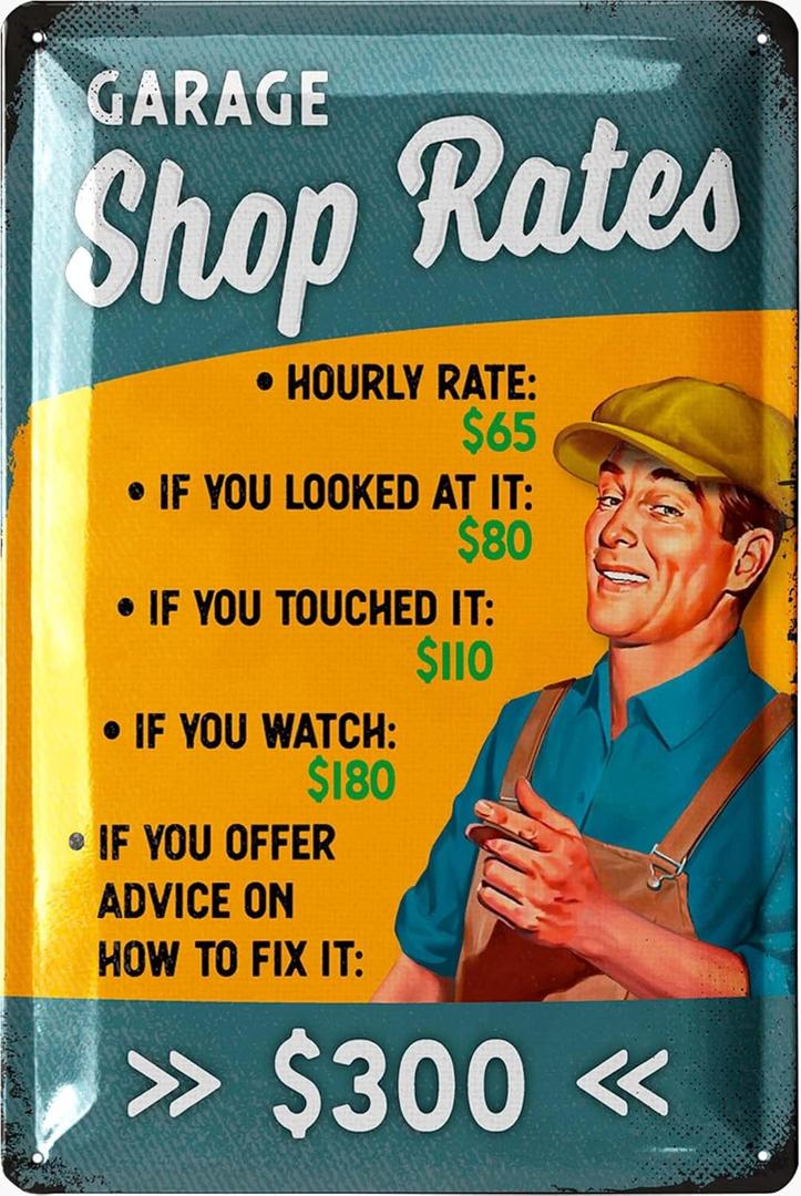 LANOLU Mechanic Hourly Rate Sign, Funny Man Cave Gifts for Garage, Shop Signs For Workshop, Funny Garage Signs for Men, Metal Signs Vintage 12x8", 2 Pack
