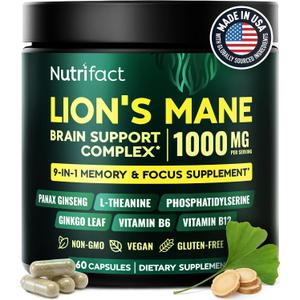 2 x Lions Mane Mushroom Capsules 1000mg, Brain & Focus Supplement, Vegan | Supports memory and mental clarity with L-Theanine, Ginkgo, Bacopa and B vitamins; non-GMO, made in USA; no stimulants