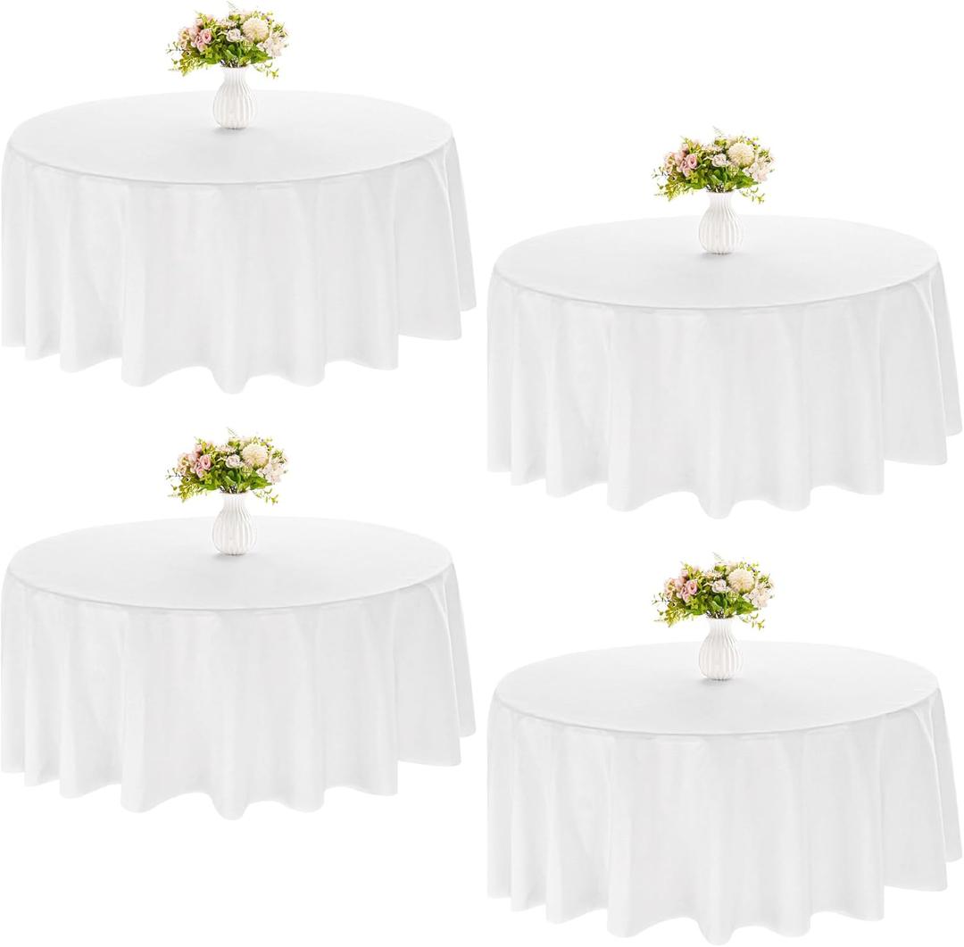 4 Pack Round Tablecloth 90 Inch White Polyester Washable Decorative Fabric Table Covers for Wedding Dining Table Buffet Parties Banquet Decor