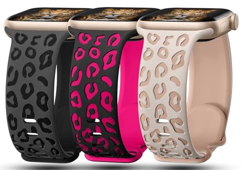 3 Pack Leopard Engraved Bands Compatible with Apple Watch Band 41mm 40mm 38mm Women, Soft Silicone Cheetah Embossed Sport Strap for iWatch Series 10 9 8 7 6 5 4 3 2 1 Ultra.DBK-BKH,SLM