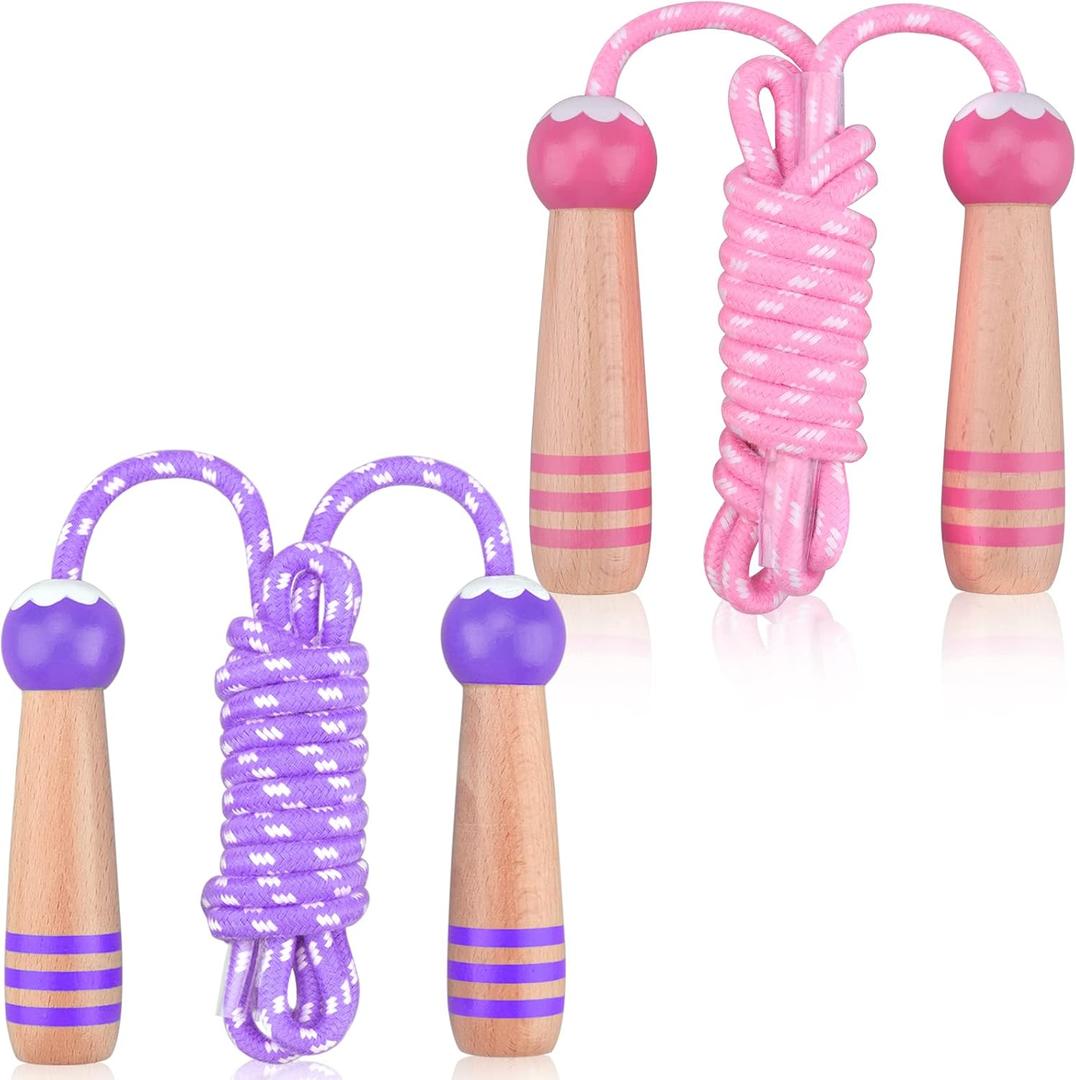 Lorvain Jump Rope for Kids, Adjustable Kids Jump Ropes for Girls Boys Toddler Fitness, Cotton Skipping Rope with Wooden Handle for Outdoor Fun Activities Exercise (Pink&Purple-2pcs)