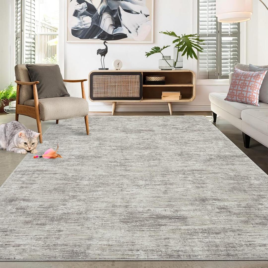 RUGSREAL Living Room Area Rug 9x12 Machine Washable Rug Non-Slip Stain Resistant Modern Abstract Carpet Contemporary Accent Throw Floor Carpet for Dining Room Solid Area Rug for Home Office, Taupe