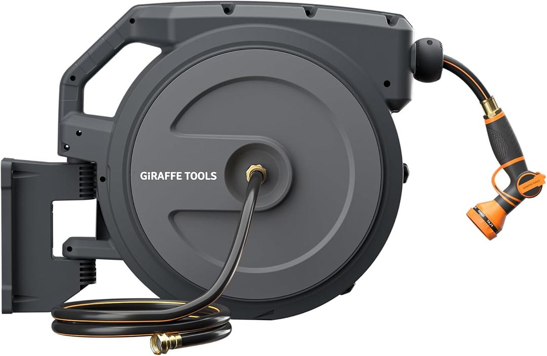Giraffe Tools Heavy-Duty Wall-Mounted Hose Reel, 5/8" x 90 ft Retractable Hose with Automatic Rewind, 180 Swivel, Any-Length Lock & 9-Pattern Nozzle (Dark Grey)