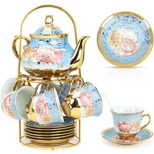 20 Pcs Porcelain Tea Set with Metal Holder, Adult Tea Set Gift, European Ceramic Tea Set for Adults, Flower Tea Cup Saucer Set for Party With Gold Flower Painting (Serene Blue)