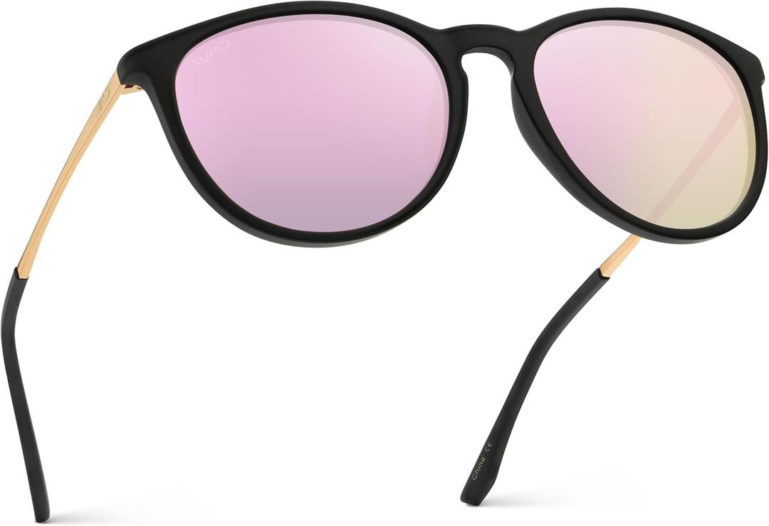 WearMe Pro Women's Round Sunglasses with Polarized UV Protection, Trendy Retro Designer Style (Black Frame/Mirror Pink Lens)