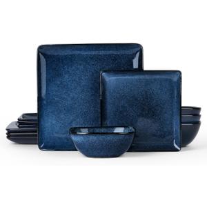 E-far Square Plates and Bowls Sets, 12-Piece Stoneware Dinnerware Sets for 4, Reactive Glaze Dish Set, Chip and Scratch Resistant, Microwave and Dishwasher Safe, Deep Sea Blue