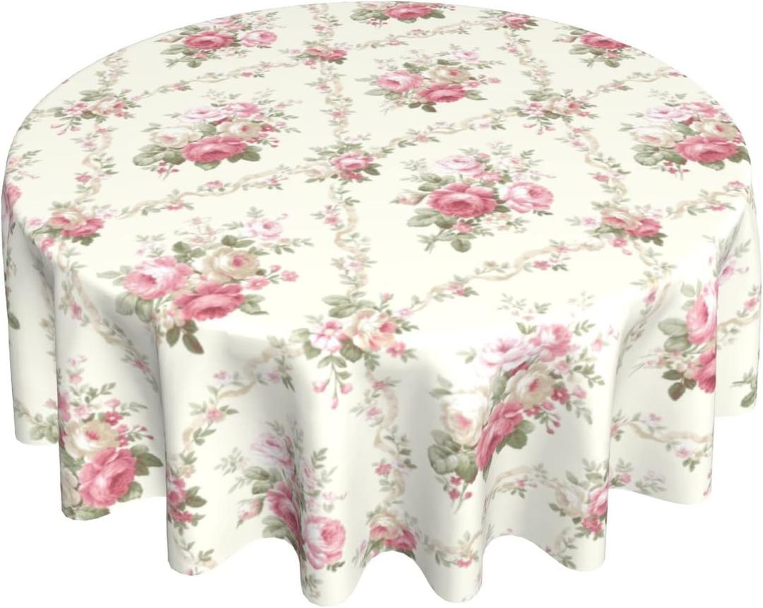 Sweetshow Pink Vintage Rose Flower Tablecloth Spring Summer Floral Round Tablecloth 60 Inch Spring Table Cloth for Holiday Parties Dining Table Living Room Kitchen Decor
