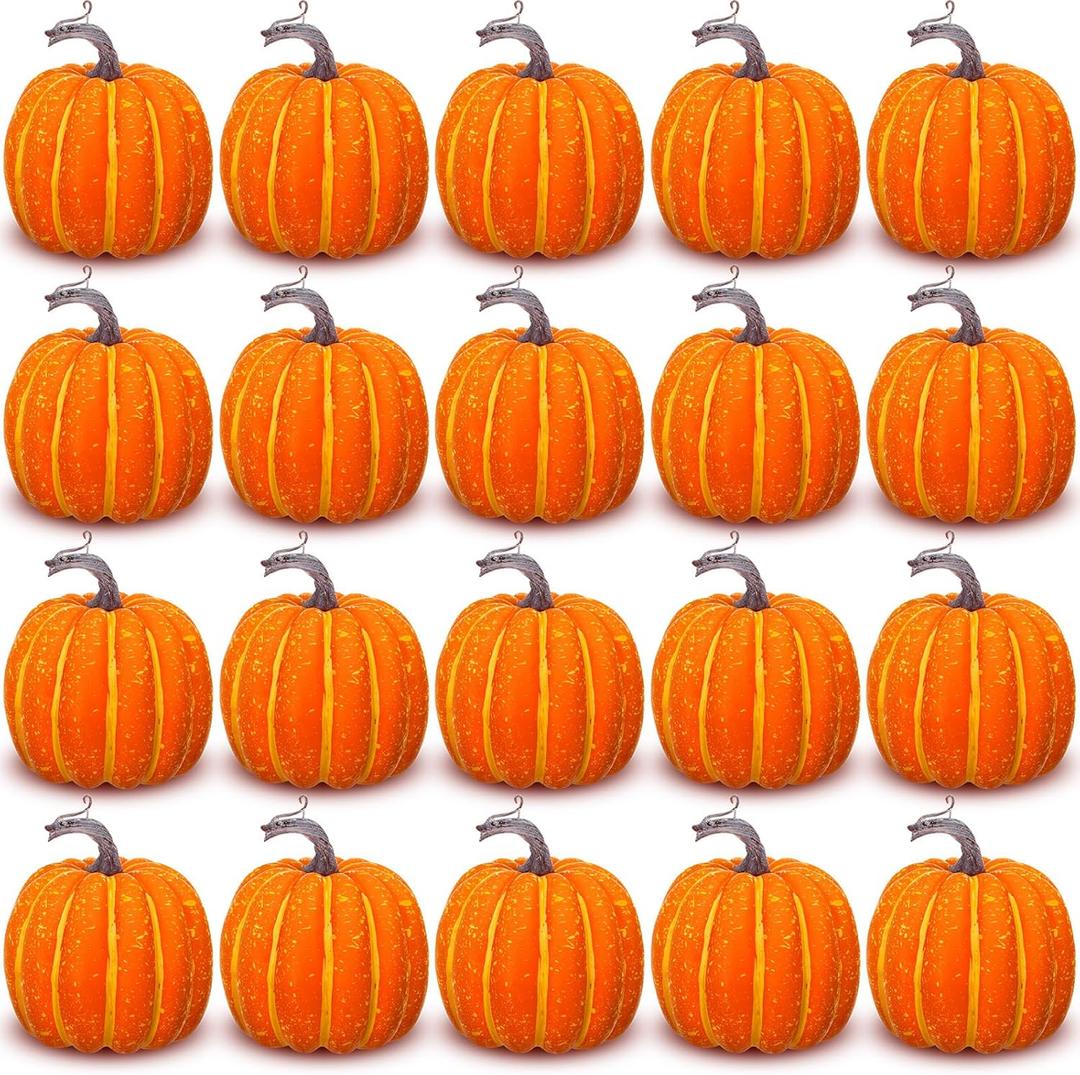 Liliful 20 Pcs 4.7 x 5.2'' Foam Artificial Pumpkins Plastic Fake Pumpkins for Decorating Fall Harvest Simulation Decorations for Halloween Thanksgiving Fall Party Home Kitchen Decor (Orange)