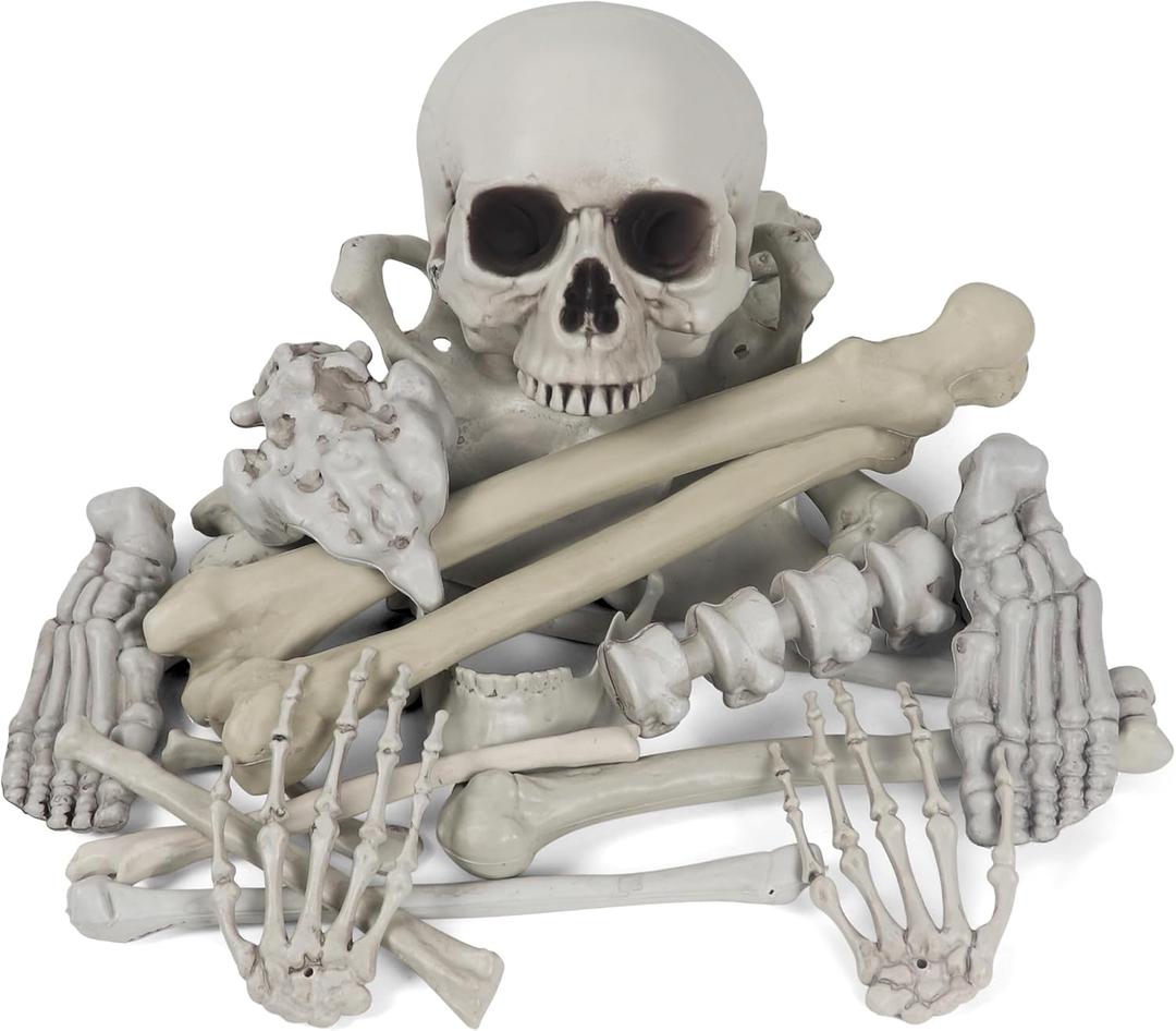 MOKRY PARTY Bag of Bones Halloween Life Size Skeleton Skull for Decoration and Spooky Graveyard 28 PCS