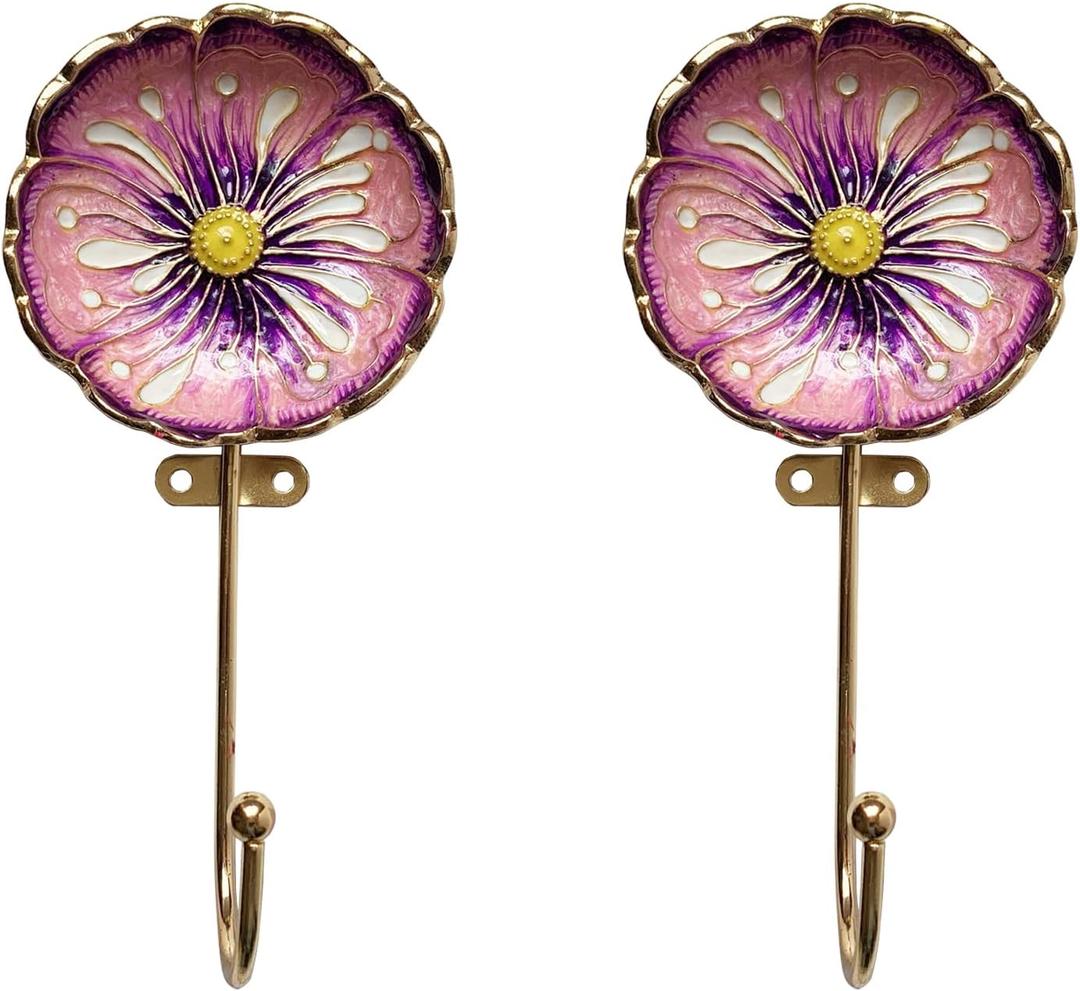 Vintage Flower Shaped Decorative Wall Hooks Rack Hangers for Hanging Clothes Coats Towels Keys Hats, 2 Pack Antique Metal Mounted Wall Hook (DarkMagenta)