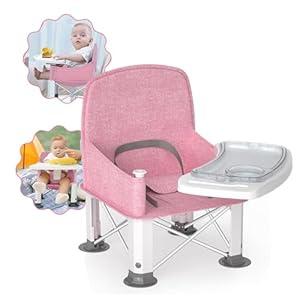 Baby Travel Booster Seat with Double Tray, BabyBond Upgraded Toddler Portable Baby Chair, Booster Seat for Dining Table, Stable and Foldable Booster Baby Chair for Indoor/ Outdoor (Pink)