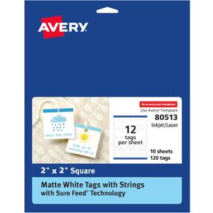 Avery Square Tags, Sure Feed Technology, 2" x 2", Matte White, Strings Included, 120 Total, Print-to-The-Edge, Laser/Inkjet Printable (80513)