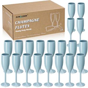 XUWAIDSGN Acrylic Champagne Flutes Toasting Glasses Unbreakable Mimosa Bar Reusable Wine Glasses Vintage Champagne Flutes Stemmed Drinking Cups 5.4 OZ for Christmas Birthday (24, Blue)