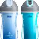 Chicco Double Wall Insulated Flip-Top Sippy Cup with Silicone Straw and Spill-Free Lid 9oz.| Top-Rack Dishwasher Safe | Easy to Hold with Ergonomic Indents | Blue Discover/Teal, 2pk | 12+ Month