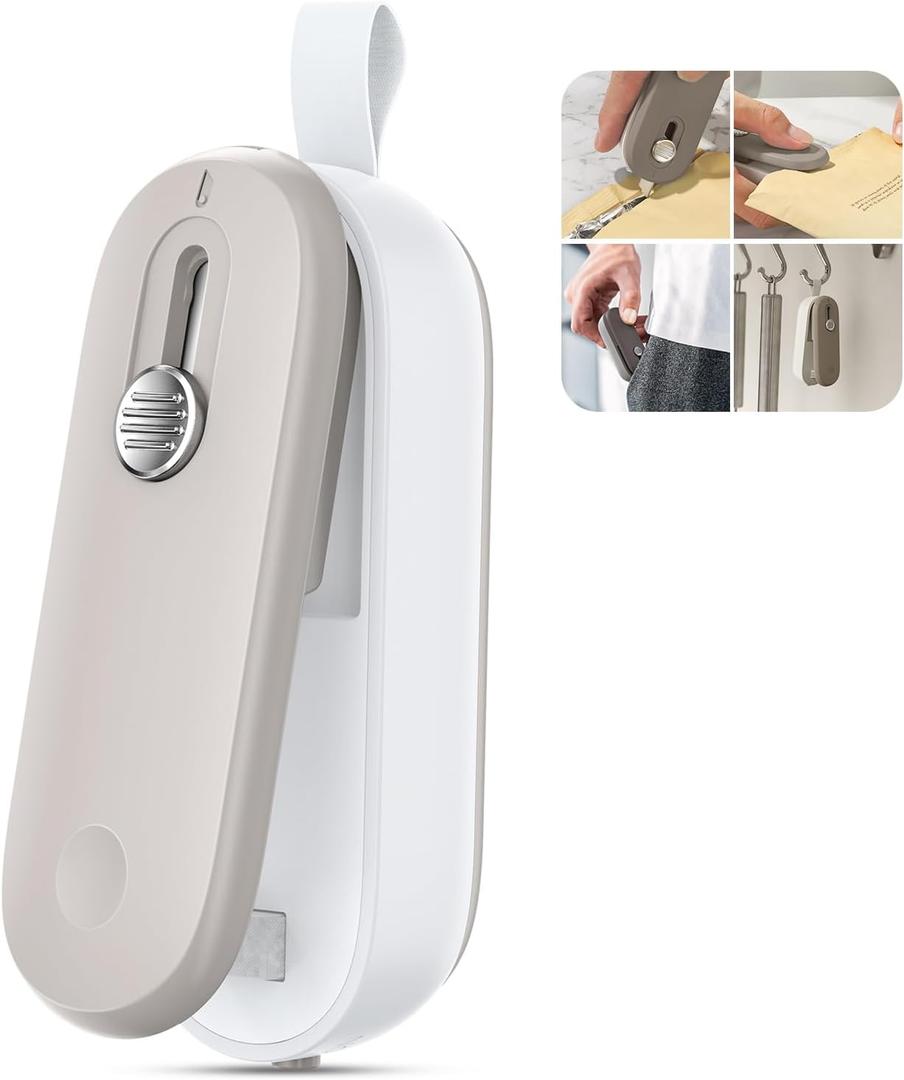 ODSD 2 in 1 Mini Bag Sealer Heat Seal and Cutter With Lanyard - Portable Handheld Chip Heat Sealer for Snacks, Candies, Plastic Food Storage (Batteries Included) (Grey/White)