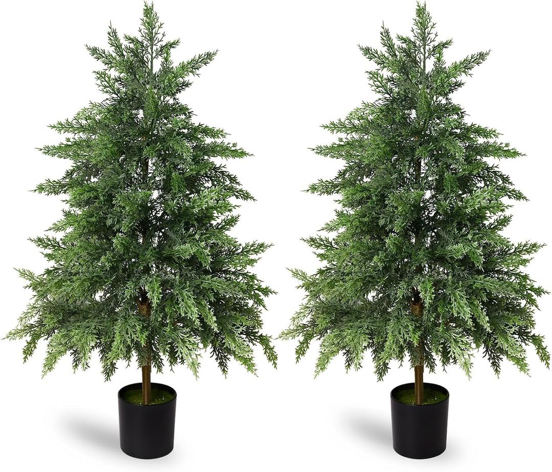 Real Touch Artificial Cedar Topiary Trees 3FT, 2 Sets of Realistic Potted UV Resistant Fake Plants for Front Porch for Outdoor & Indoor Front Porch, Garden, Patio, and Farmhouse Decor