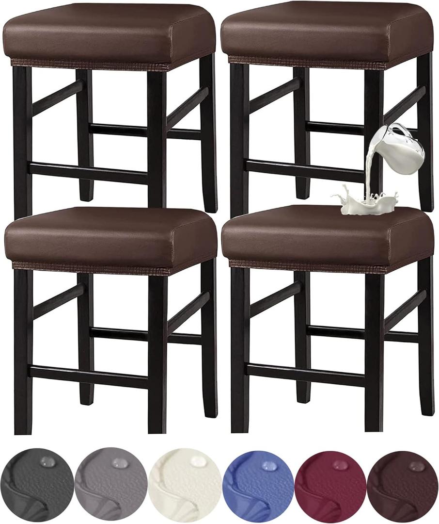 HFCNMY Stool Covers Rectangle, Stretch Waterproof PU Rectangle Bar Stool Covers Vanity Stool Cover Washable Counter Stool Covers Saddle Seat Cover with Elastic Bands (4 Pack,Coffee)